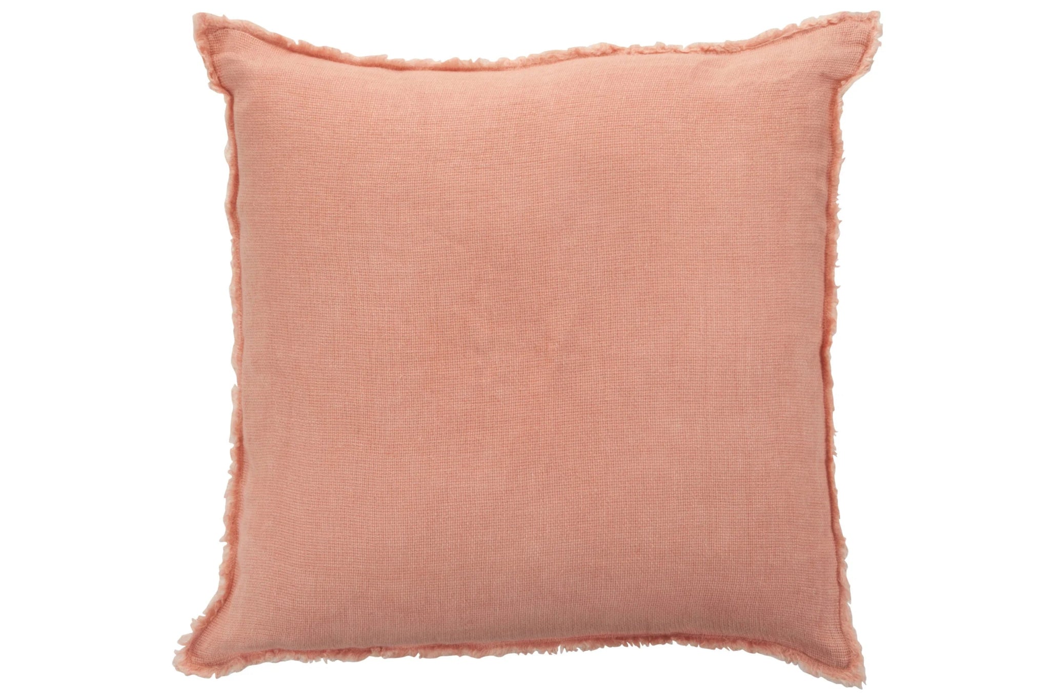 Sisustustyyny Peach Pink edestä – pellavainen pinkki tyyny hapsuilla