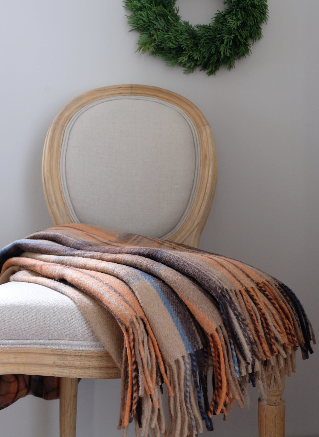 Torkkupeitto Naturel beige/oranssi/ruskea – 100 % kierrätetty villa, tartan-ruutu, 180 × 150 cm, BELPO