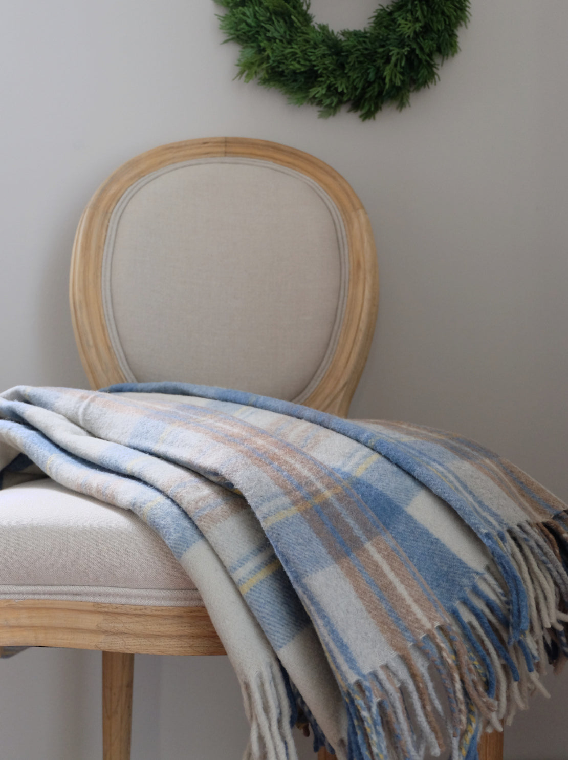 Torkkupeitto Stewart beige/sininen/ruskea – 100 % kierrätetty villa, tartan-ruutu, 180 × 150 cm, BELPO